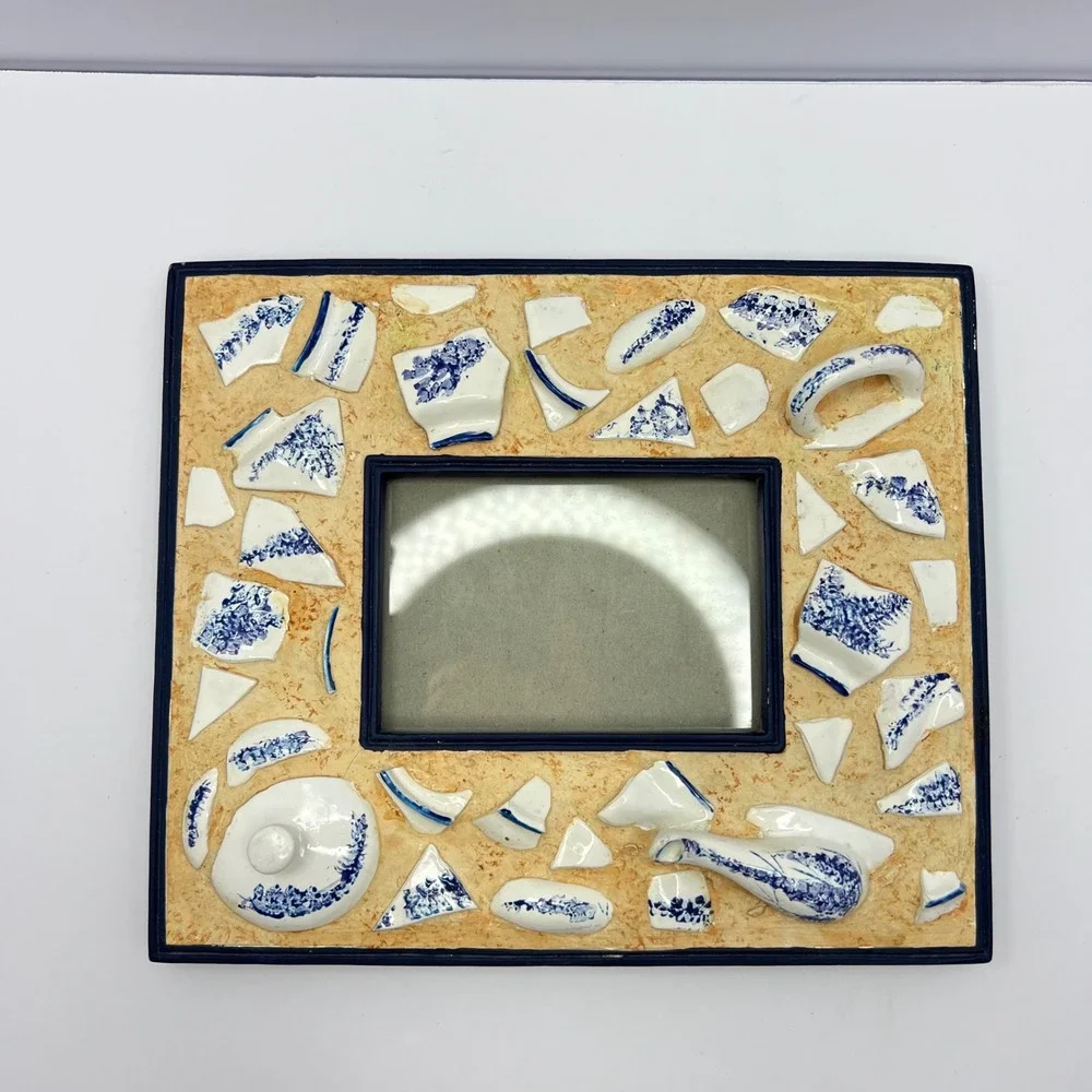 Blue & White Mosaic Broken‎ Teapot Picture Frame 3x5 Shabby Chic Cottage Artisan